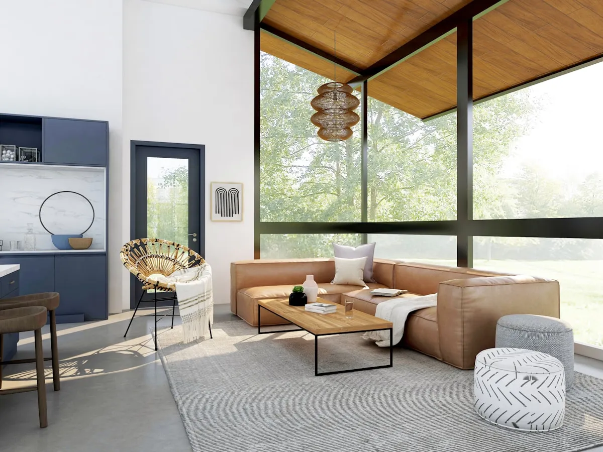Living com pé-direito duplo e decoração elegante